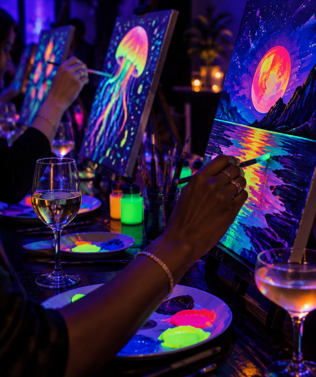 Neon paint glowing on a canvas under UV light